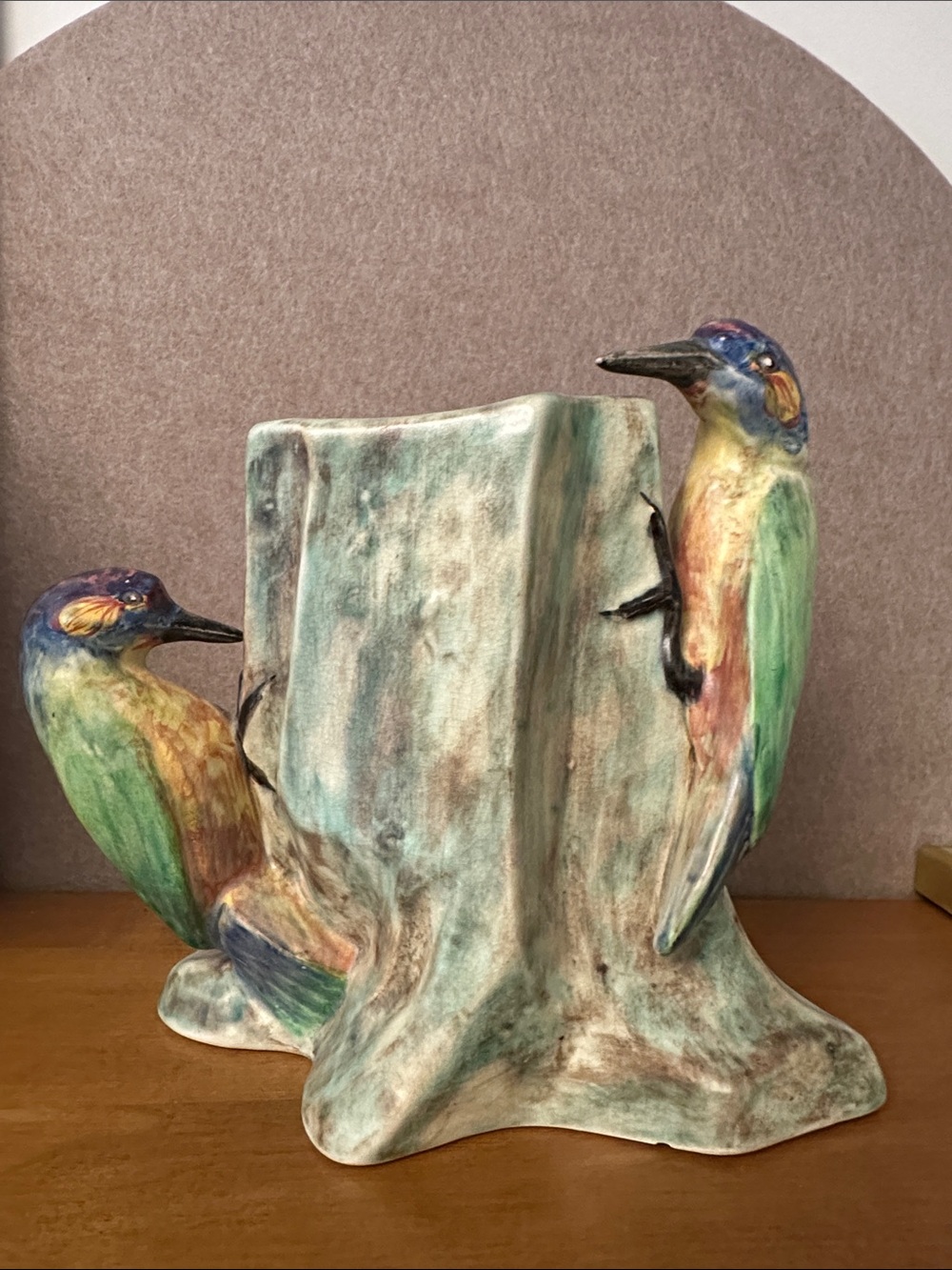 Rare Vintage Radford Handcraft Pottery Twin Woodpecker Tree-Trunk Vase